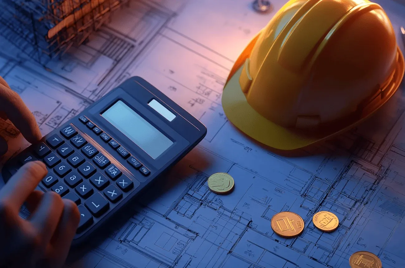 A hand using a calculator on blueprints next to a yellow hard hat and a few coins