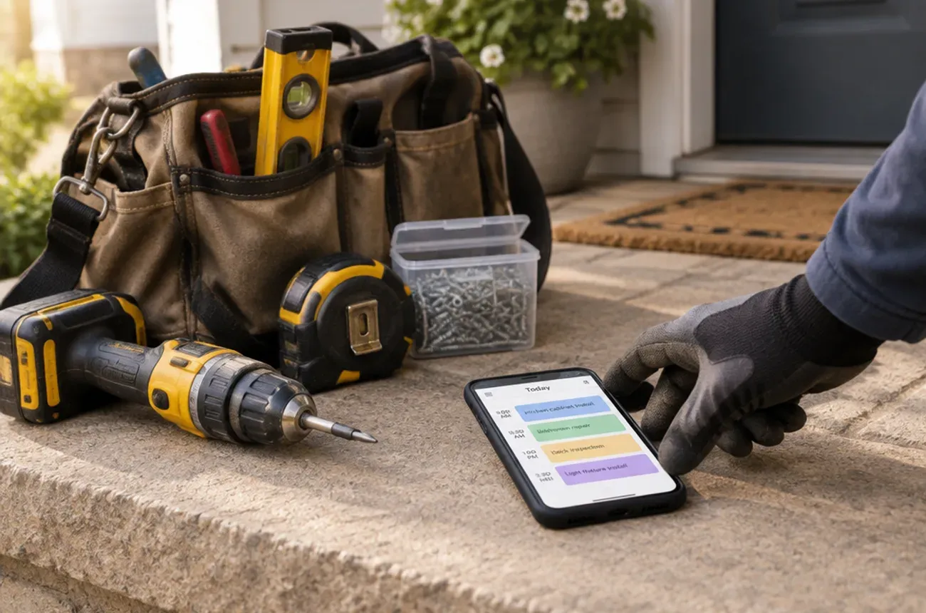 Handyman tool bag with a drill and level next to a phone showing a day of short appointments