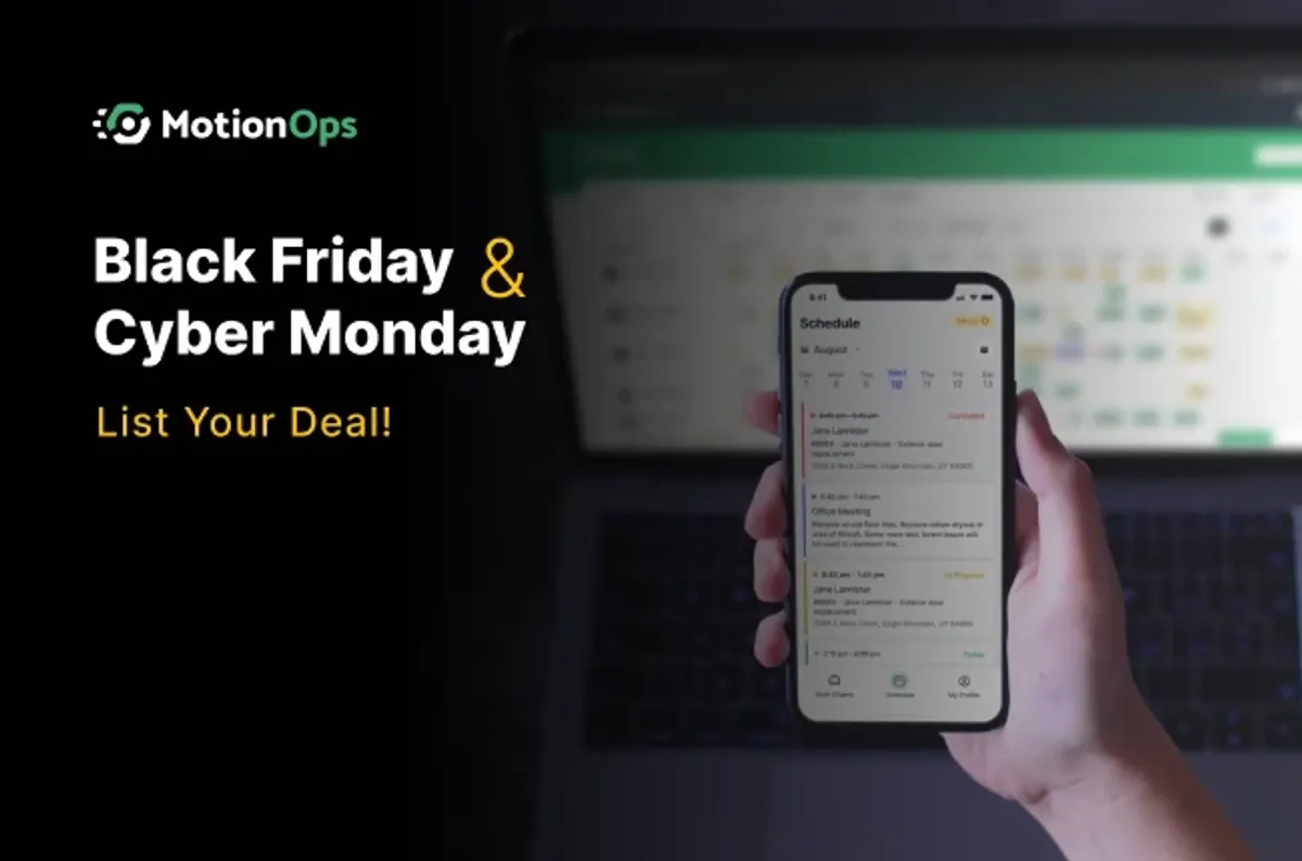 MotionOps Black Friday and Cyber Monday banner with a hand holding a phone that shows a job schedule