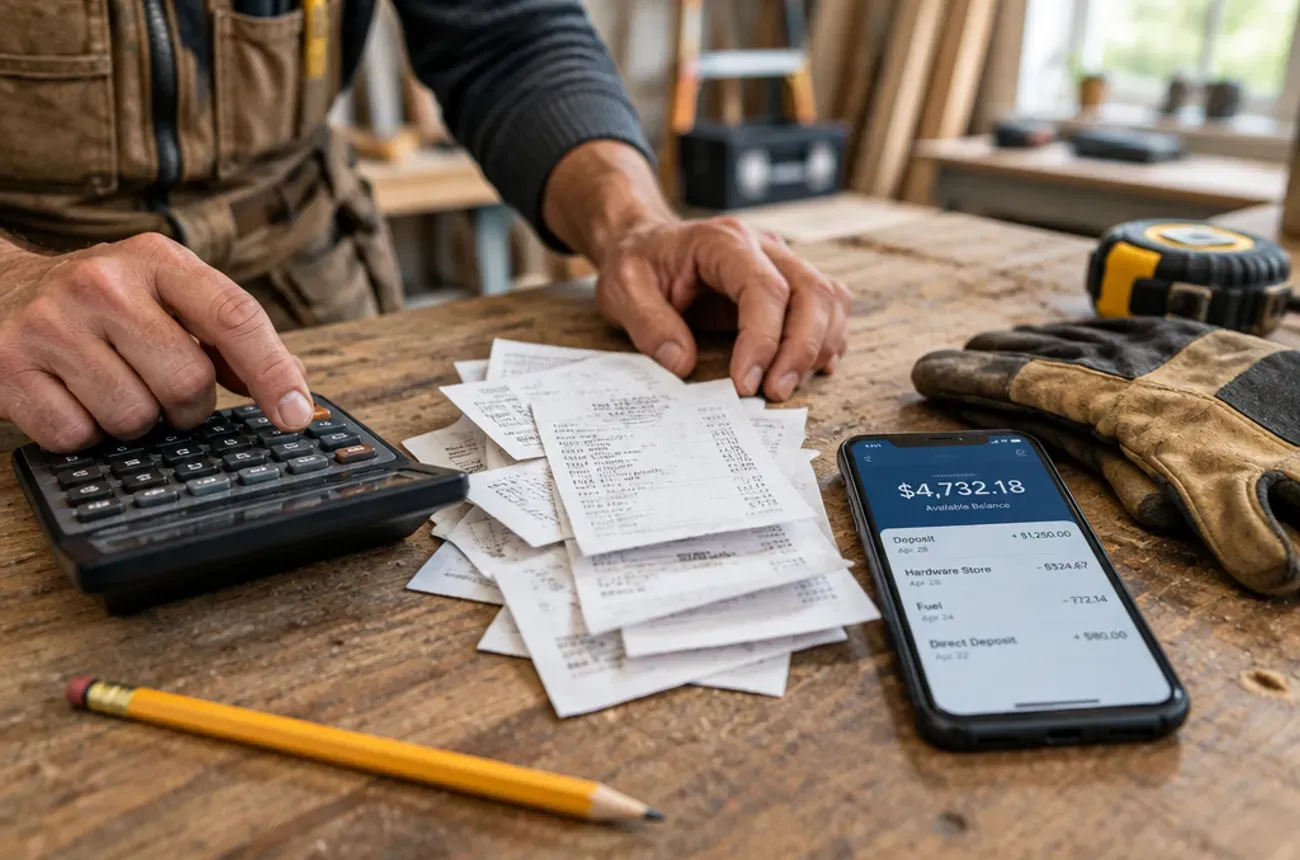 Contractor using a calculator next to supplier receipts and a banking app on a workbench