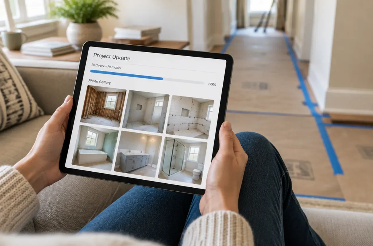 Homeowner viewing remodel progress photos on a tablet at home