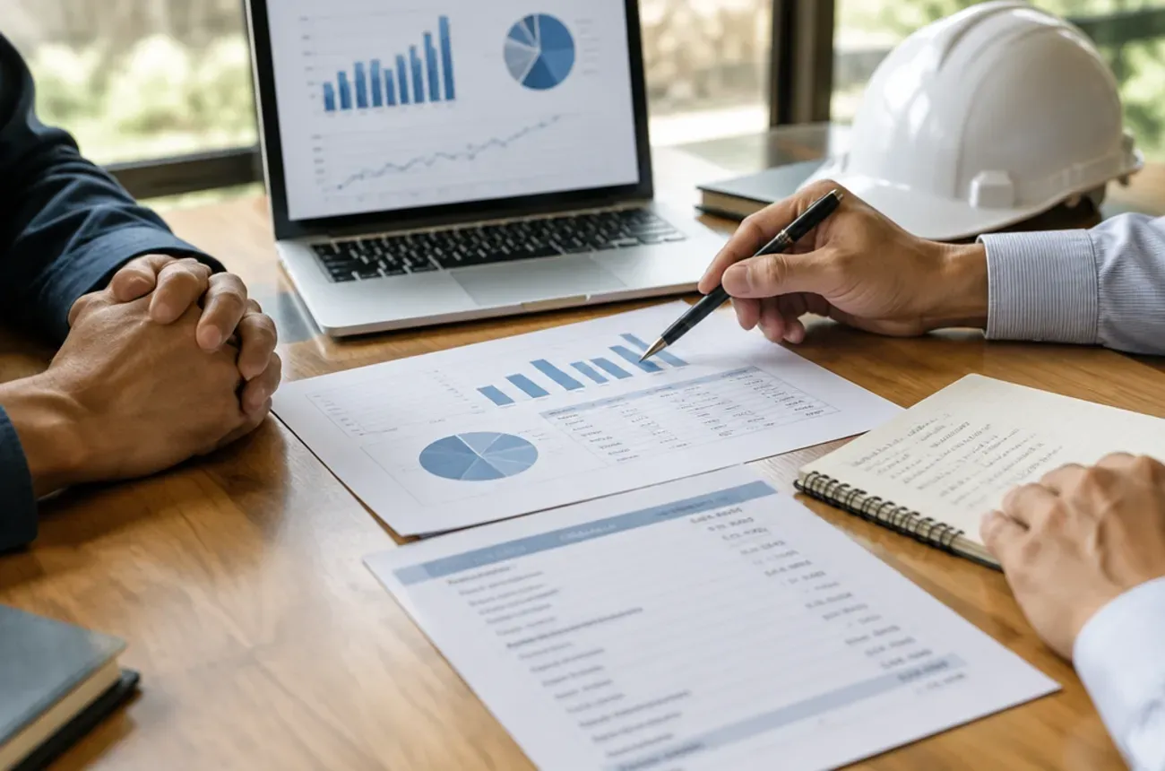 Two people reviewing business charts and profit and loss pages at a table with a hard hat