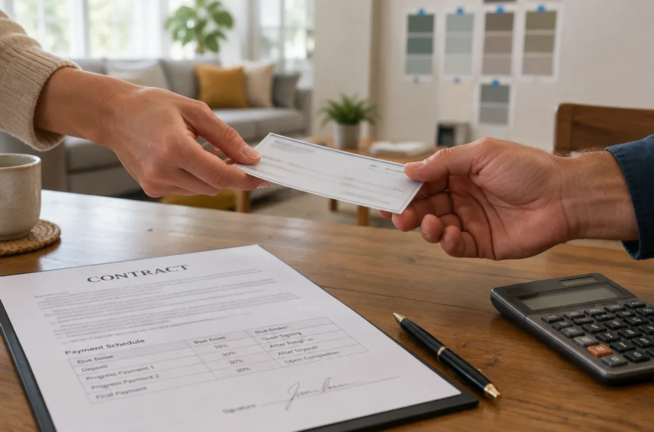 Homeowner handing a contractor a deposit check across a signed contract with a payment schedule