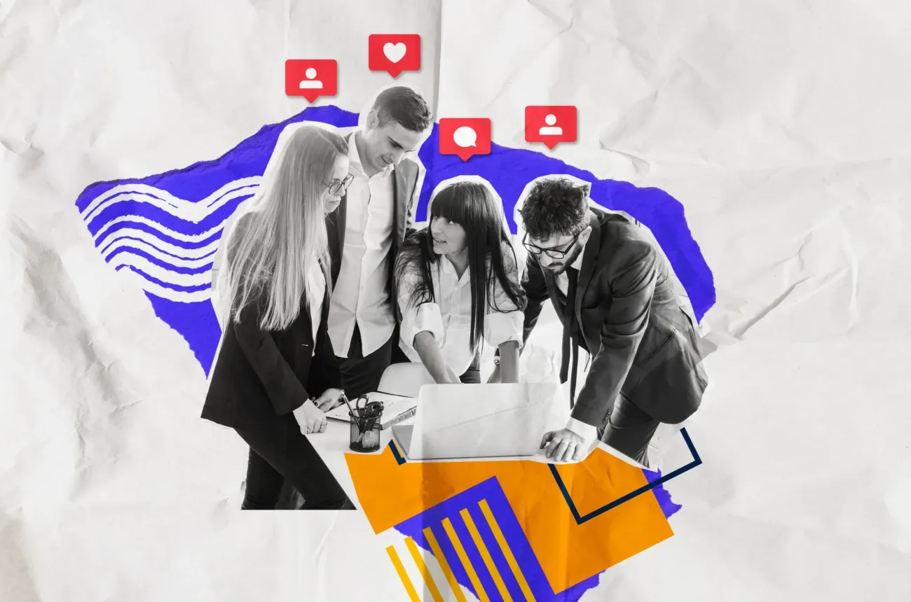 Collage of four colleagues gathered around a laptop with social media like, comment and follower icons above them