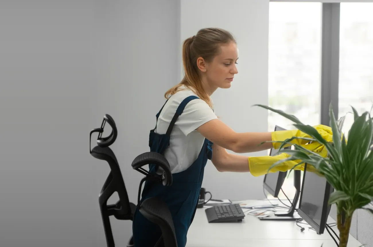 A cleaner in blue overalls and yellow rubber gloves wiping down computer monitors on an office desk