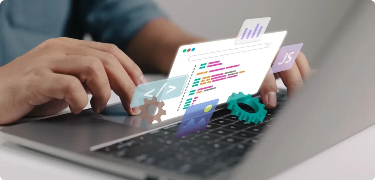 Hands typing on a laptop with floating icons of code, gears, a bar chart and a picture above the keyboard