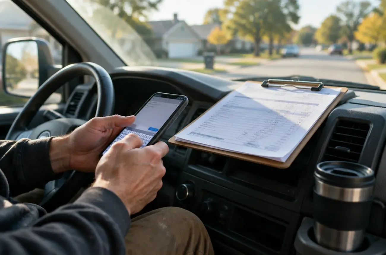 Contractor typing a follow-up message in a truck cab with a printed estimate on the dashboard