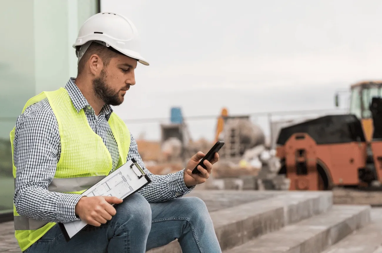 A worker in a white hard hat and hi-vis vest sits on steps with a clipboard, checking his phone near a road roller