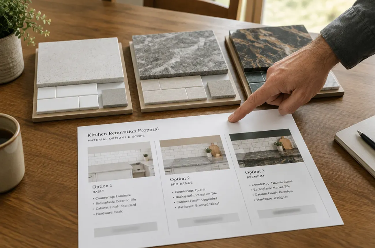Three countertop and tile sample boards from basic to premium next to a proposal with three price columns