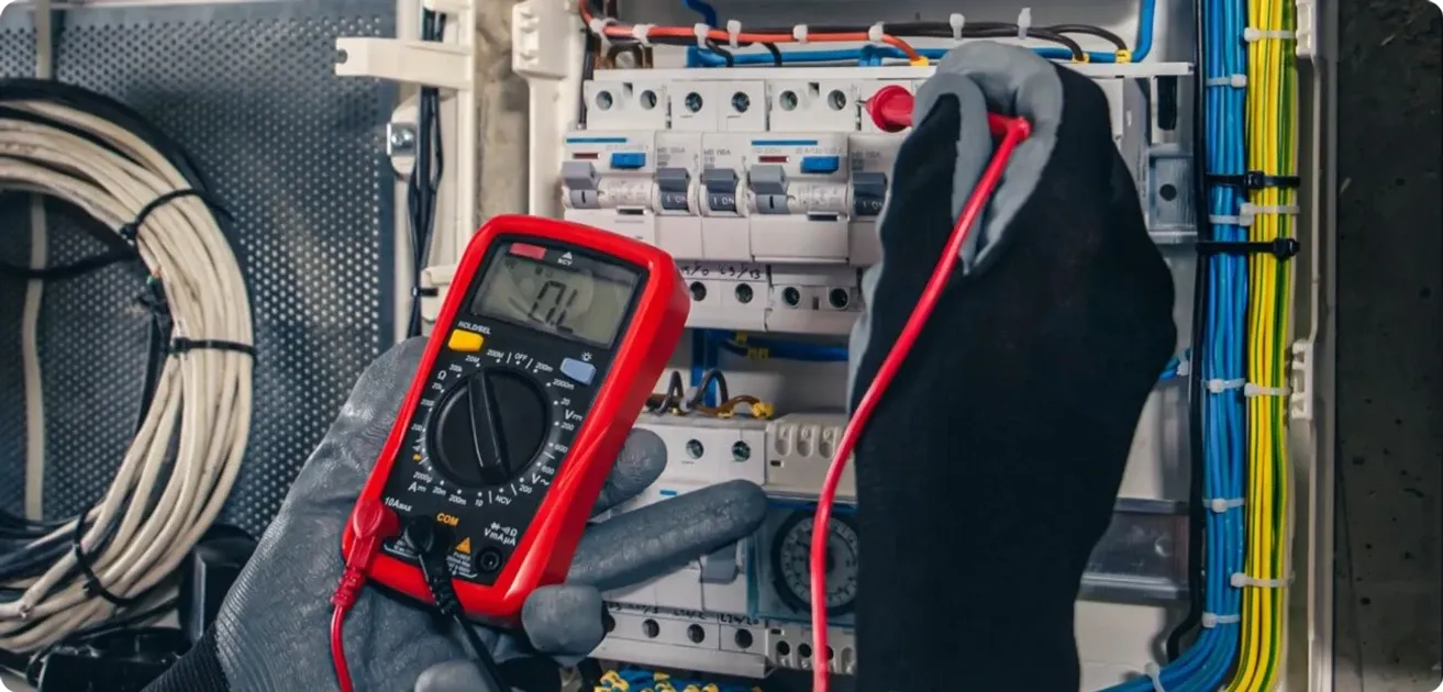 Gloved hands testing a breaker panel with a red digital multimeter and probe, with coiled cables beside it
