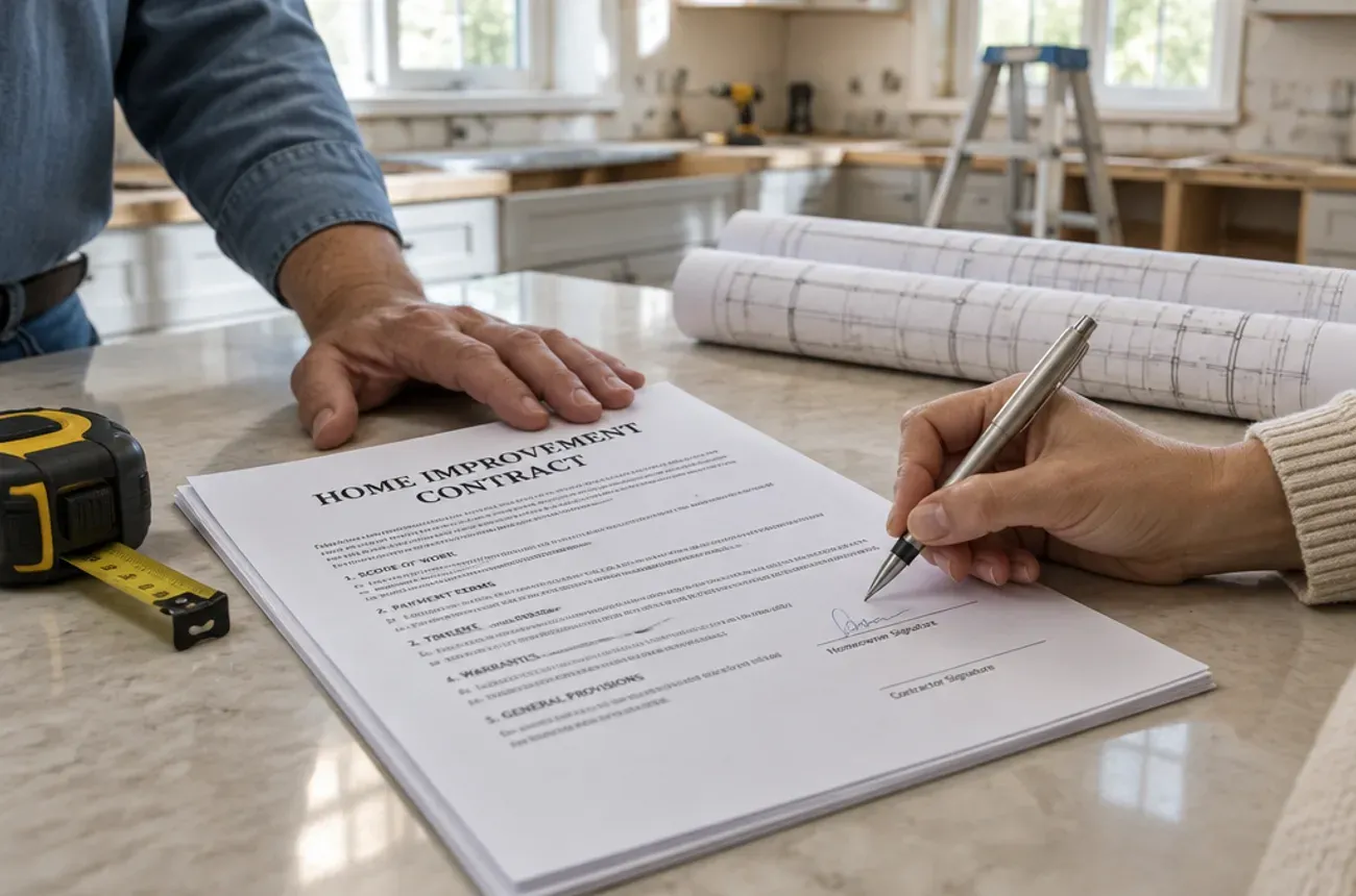 Homeowner signing a home improvement contract on a kitchen island next to house plans