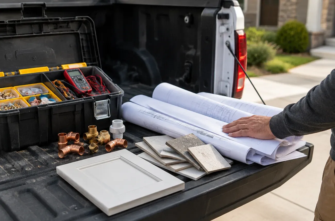 Work truck tailgate with a service toolbox on one side and remodel blueprints and tile samples on the other