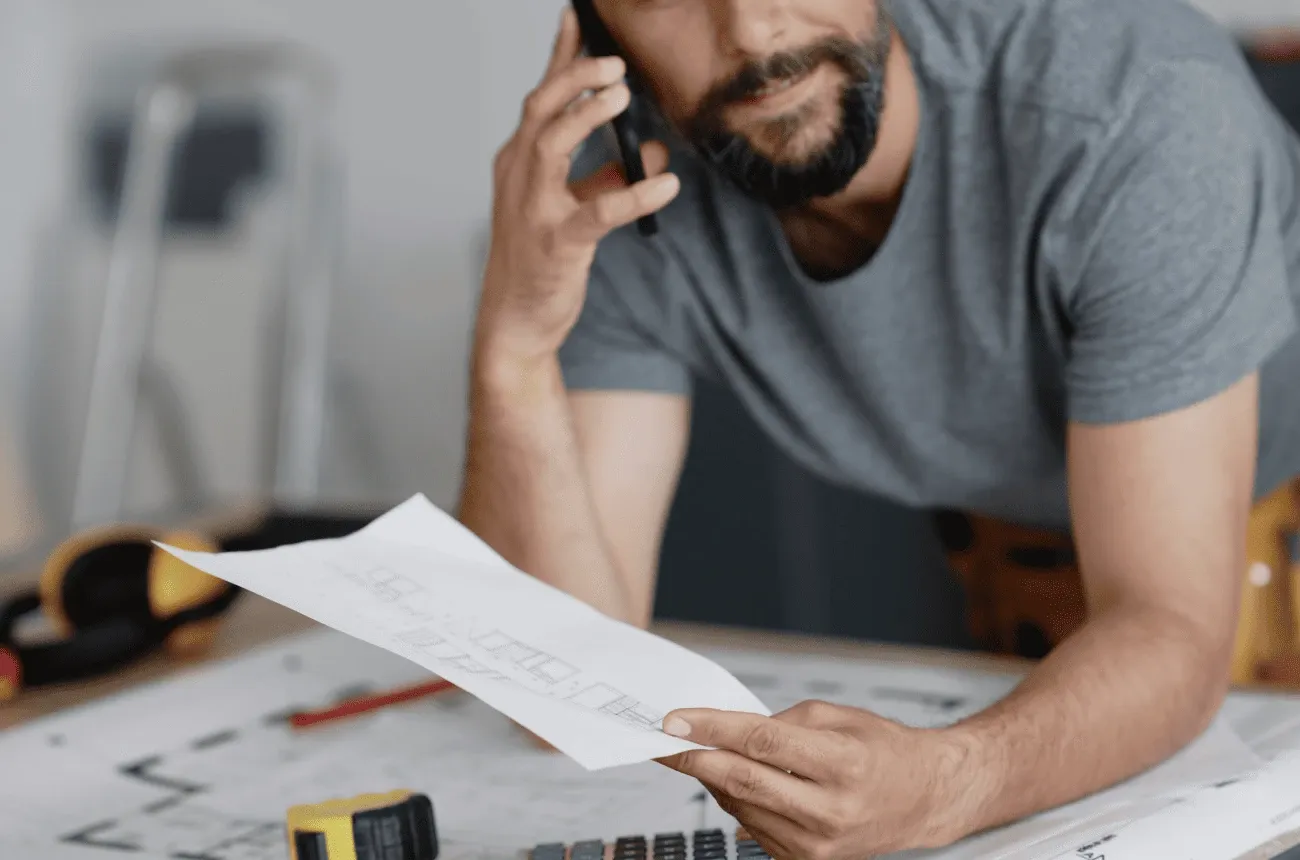 A bearded man on the phone holds a floor plan over a desk with blueprints, a tape measure and ear protection