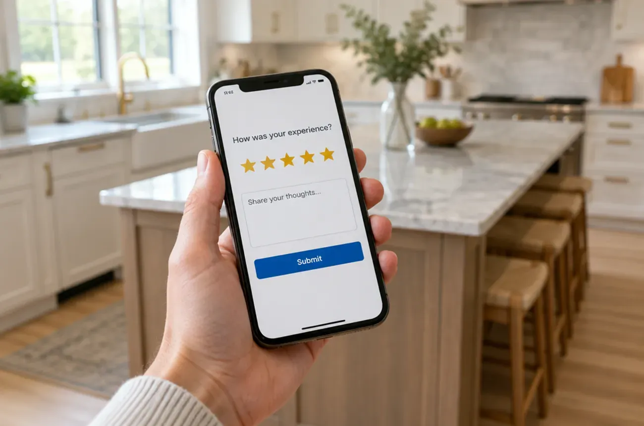 Homeowner leaving a five-star review on a phone in a newly renovated kitchen