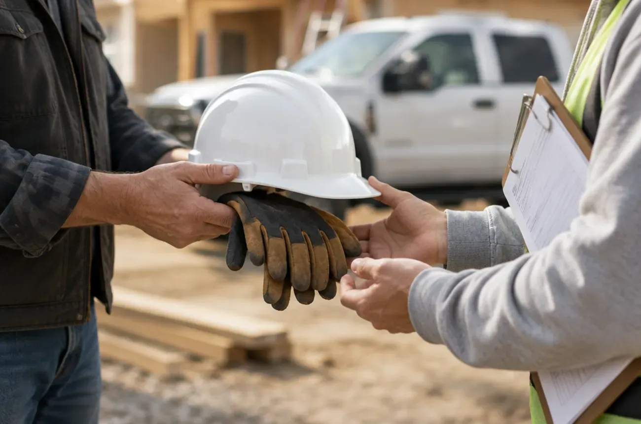 Contractor handing a new hire a hard hat and work gloves at a job site