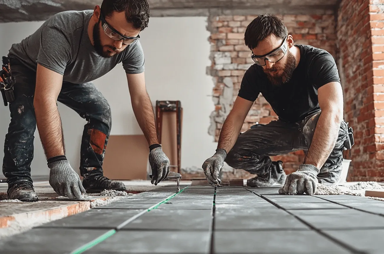 Two workers in safety glasses and gloves lay large floor tiles in a room with exposed brick walls