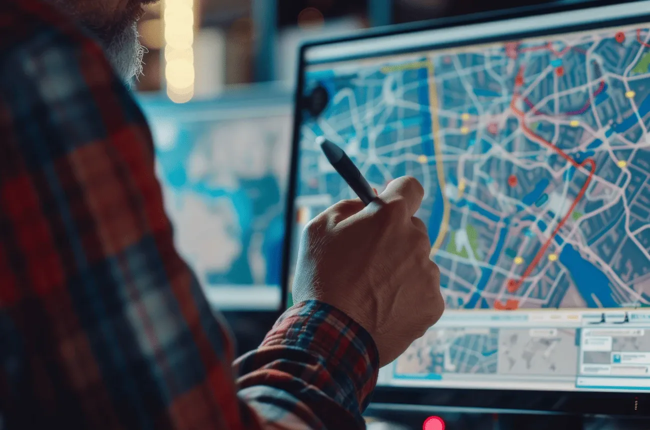 A man in a plaid shirt pointing a pen at a city map with marked routes on a computer screen