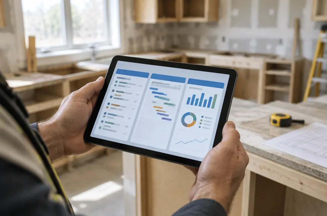 Remodeling contractor comparing software dashboards on a tablet in a kitchen under renovation