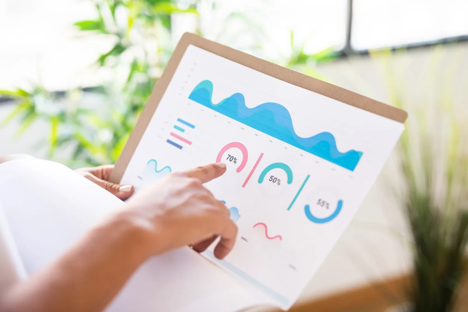 A hand points at a 70% gauge on a printed report full of colorful charts held on a clipboard