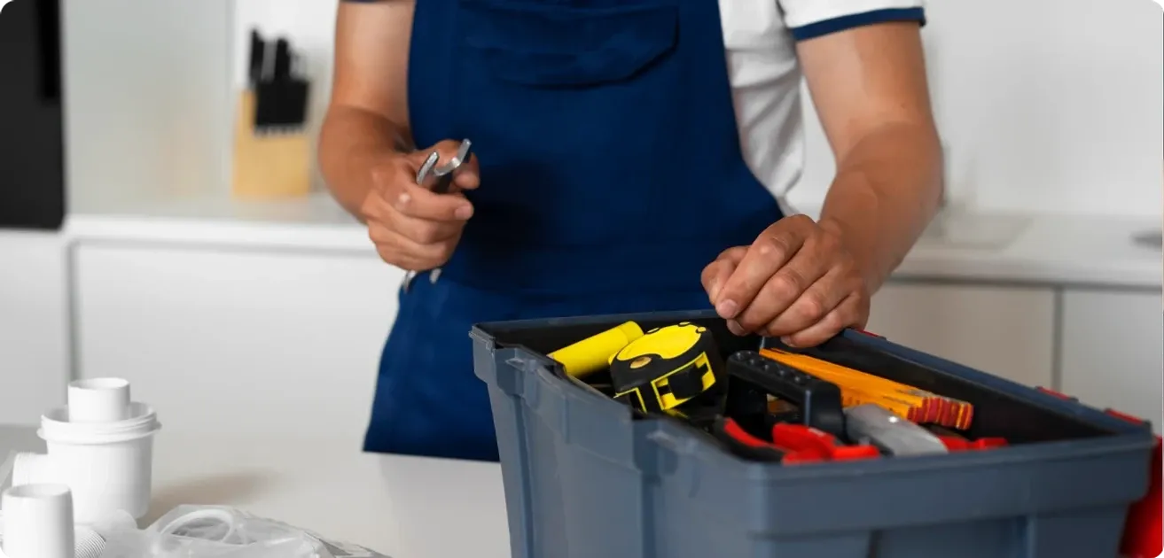 A worker in a blue apron holding a wrench over an open toolbox with a tape measure and other tools in a kitchen