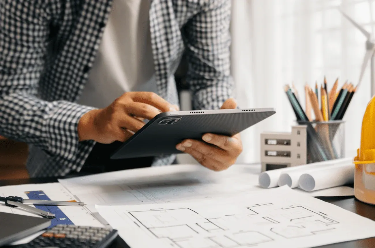 A person in a checked shirt using a tablet over building blueprints, with pencils, a calculator and a yellow hard hat nearby