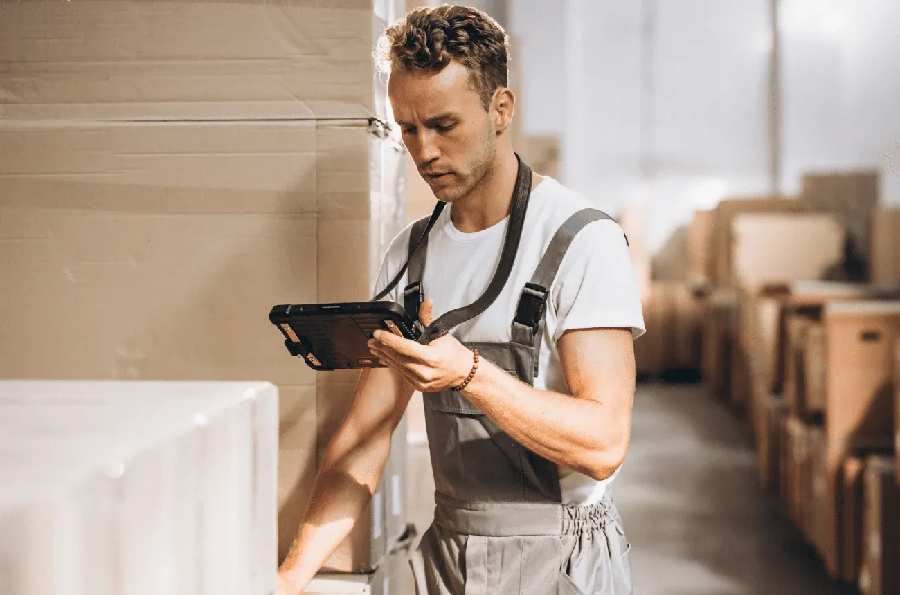 A worker in gray overalls checks a rugged tablet next to stacked cardboard boxes in a warehouse