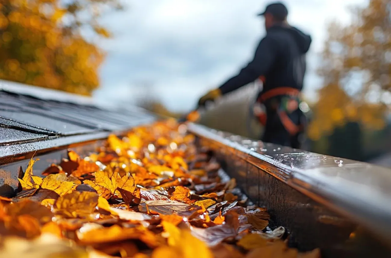 Autumn leaves filling a roof gutter in the foreground, with a worker in a safety harness blurred in the background