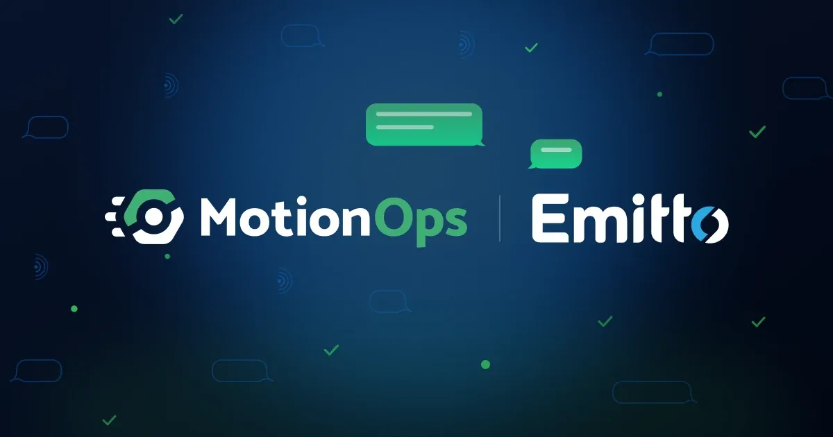 MotionOps and Emitto logos side by side on a dark blue background with green chat bubbles and check marks