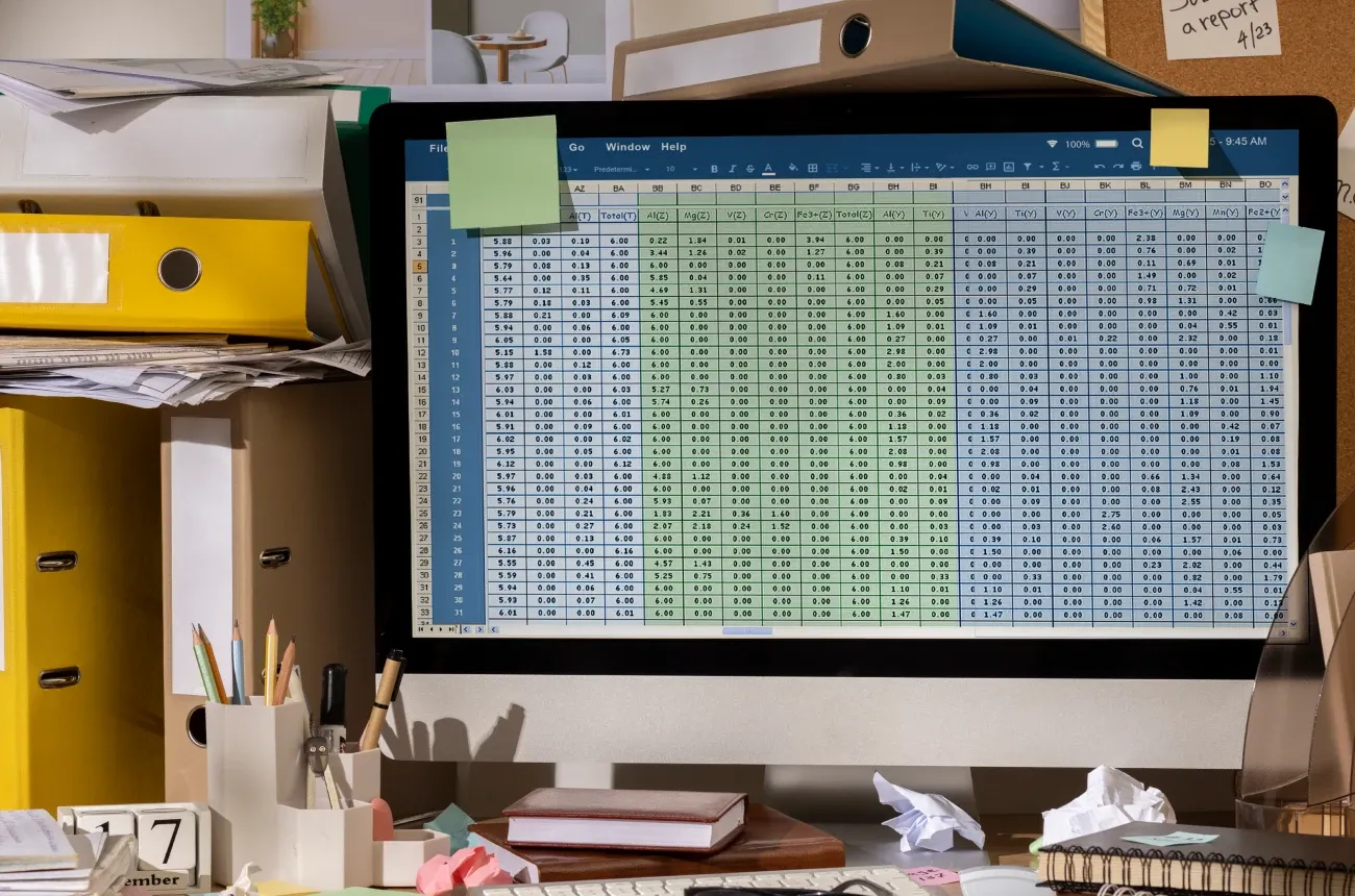 A computer monitor showing a large spreadsheet with sticky notes on a cluttered desk surrounded by binders and papers