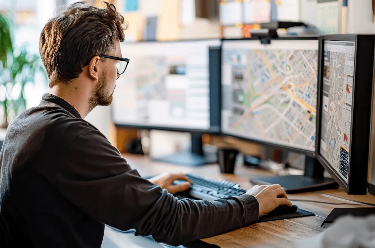 A man in glasses working at a desk with several monitors showing city route maps