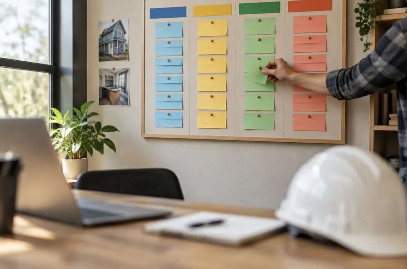 Hand moving a card across a sales pipeline board on a remodeling office wall