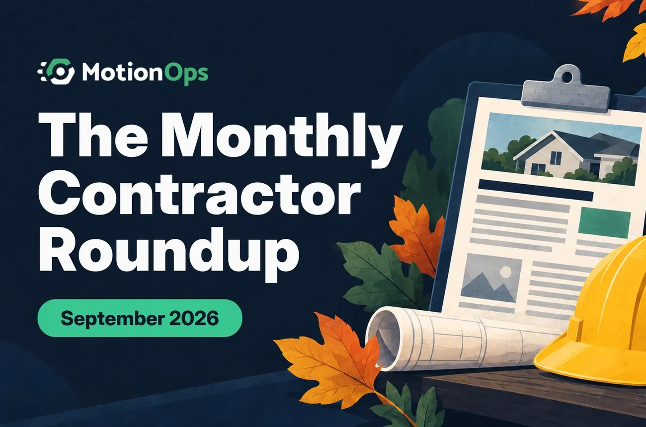 MotionOps Monthly Contractor Roundup banner for September 2026 with a clipboard, blueprint roll, hard hat and autumn leaves