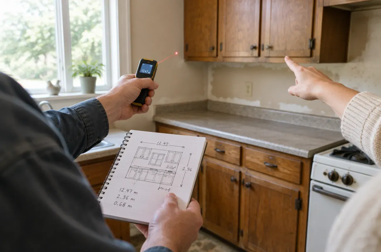 Contractor measuring a kitchen wall with a laser measure during an estimate visit
