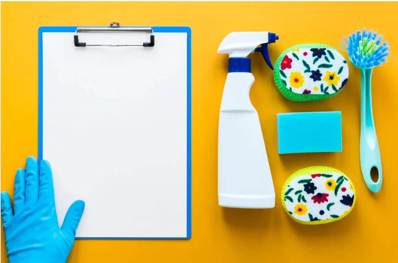 A blank clipboard, a blue-gloved hand, a spray bottle, sponges, and a scrub brush on a yellow background