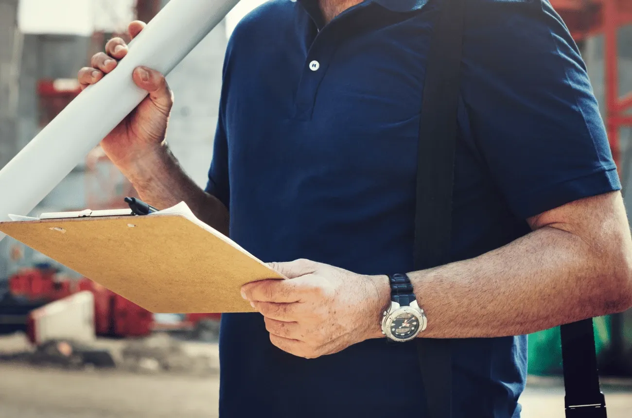 A man in a navy polo shirt holds a clipboard and rolled plans on a construction site