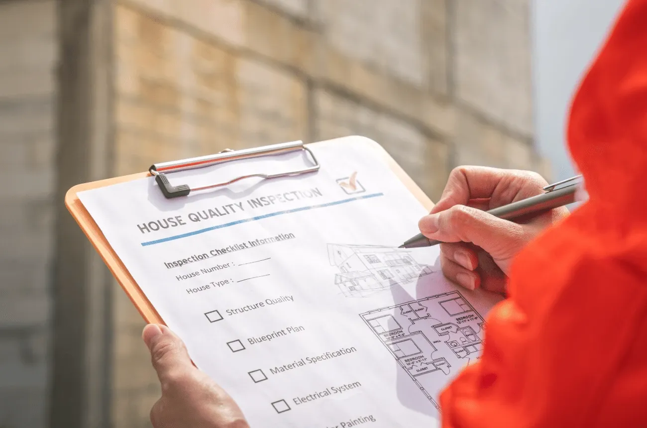 A person in an orange jacket filling out a house quality inspection checklist on a clipboard with a pen