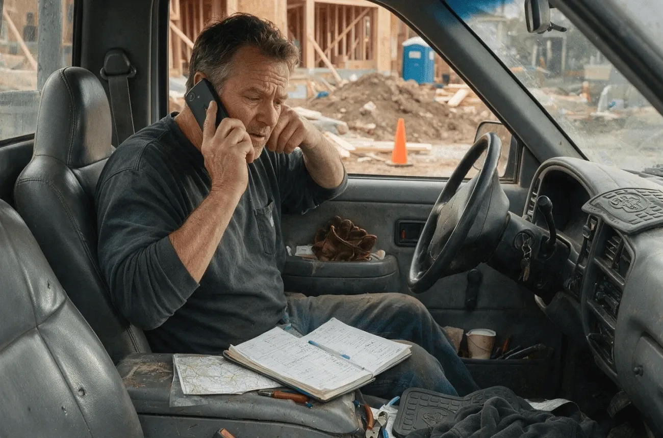 A man talking on the phone in a pickup truck with an open notebook and a map, beside a construction site