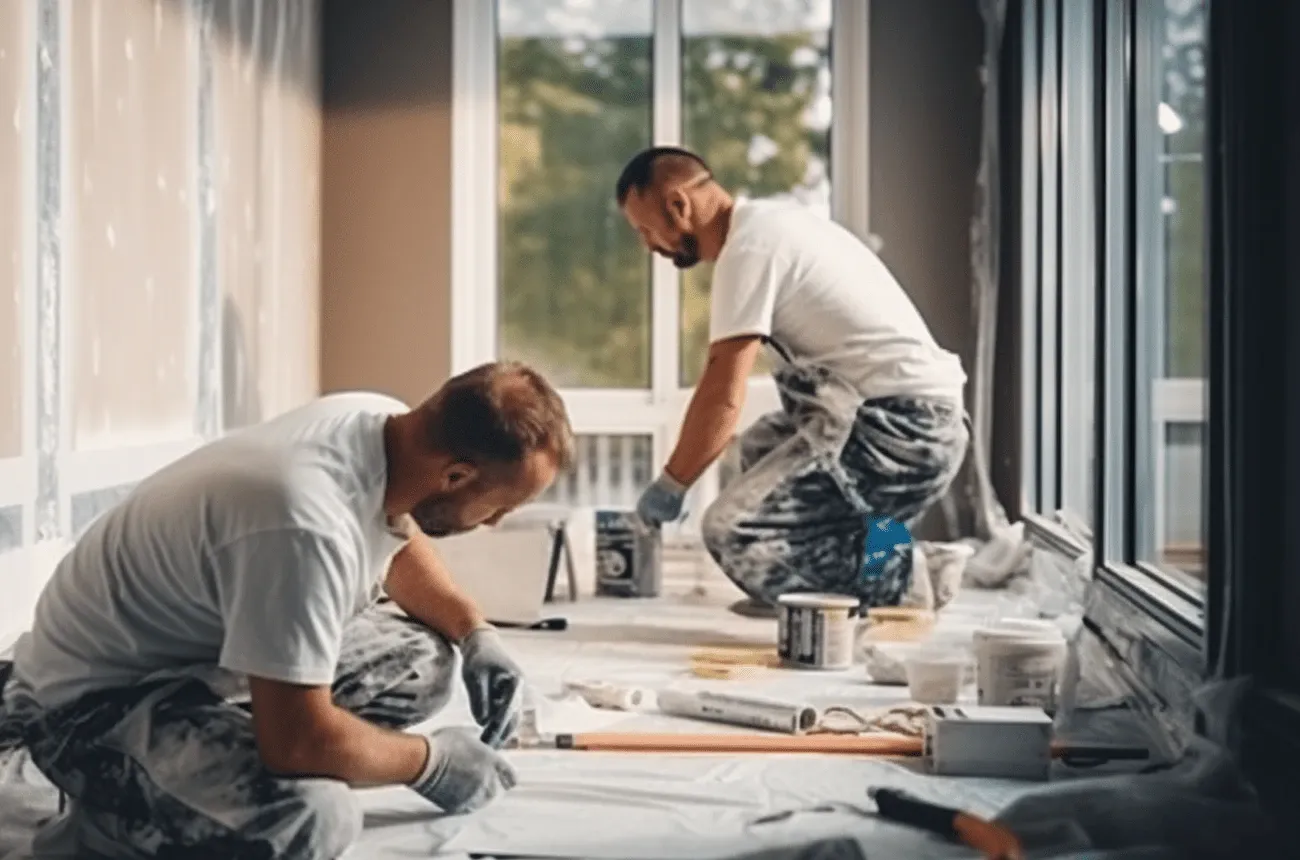 Two painters in white T-shirts and paint-stained pants work on a covered floor near large windows with paint buckets