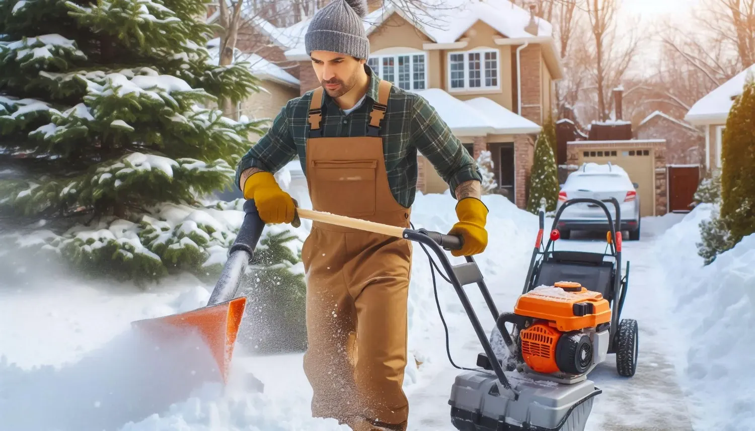 A man in a beanie and work overalls clearing a snowy driveway with a shovel and an orange snow blower in front of a house