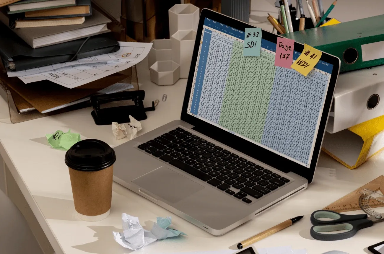 A laptop showing a spreadsheet with sticky notes on its screen, on a messy desk with a coffee cup and crumpled paper