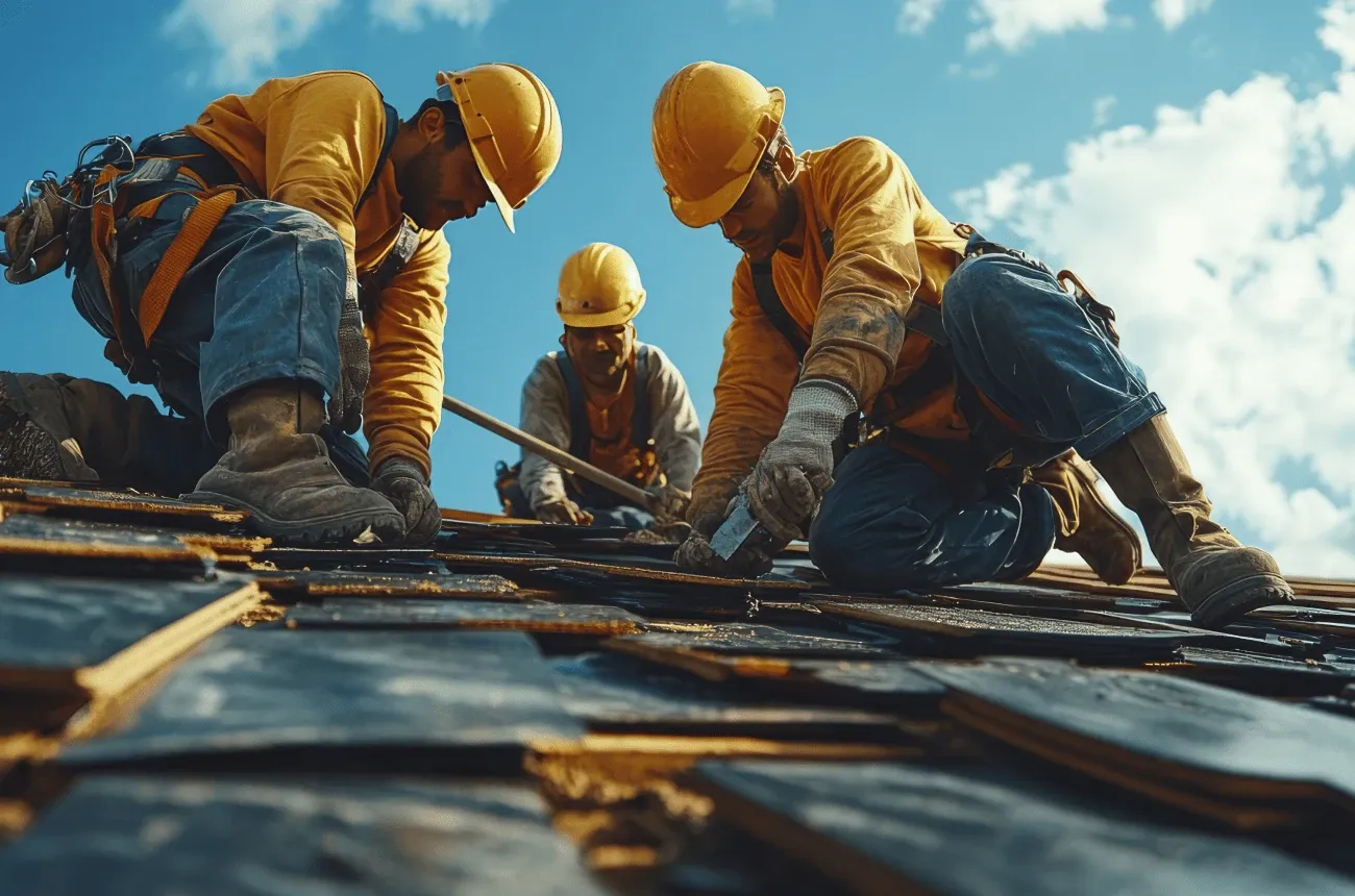 Three roofers in yellow hard hats and safety harnesses install shingles on a roof under a blue sky
