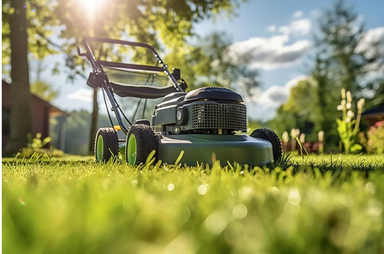 A lawn mower on the green grass of a sunny yard with trees in the background