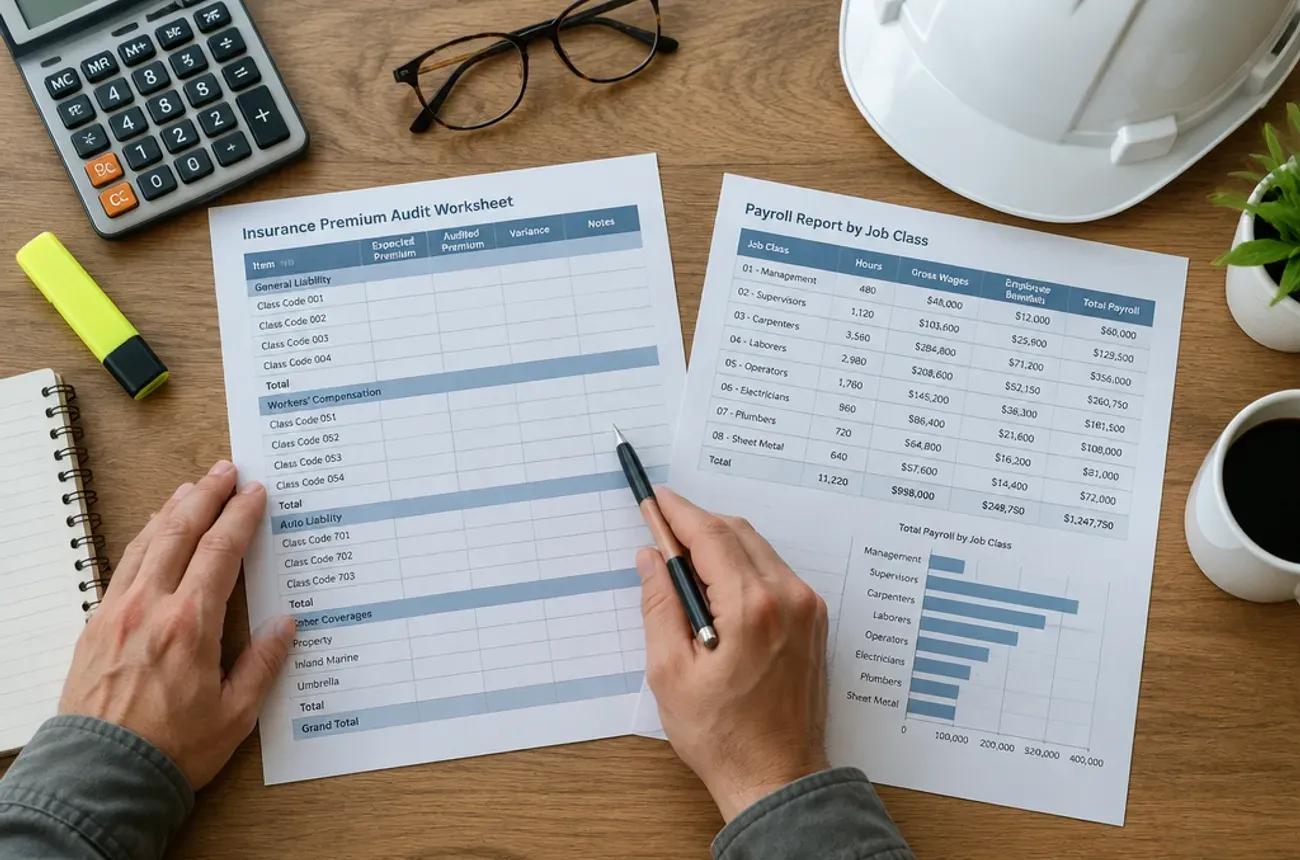 Hands reviewing a premium audit worksheet and payroll report next to a calculator and hard hat